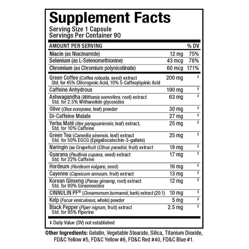 Allmax Nutrition Rapidcuts Shredded (90 capsules) supplement facts of ingredients.