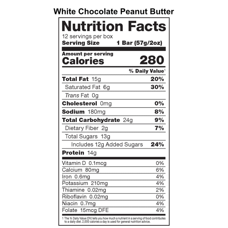 Allmax Nutrition Protein SnackBar (Box 12 bars) White Chocolate Peanut Butter supplement facts of ingredients. High Protein Energy Snack.