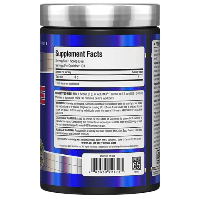 Allmax Nutrition Taurine (400 g) Powder bottle with ingredients. Helps improve mental focus & energy.