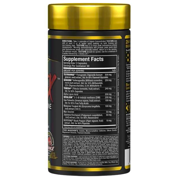 Allmax Nutrition TESTOFX (90 Capsules) to Amplify Testosterone Naturally bottle image with ingredients and directions.