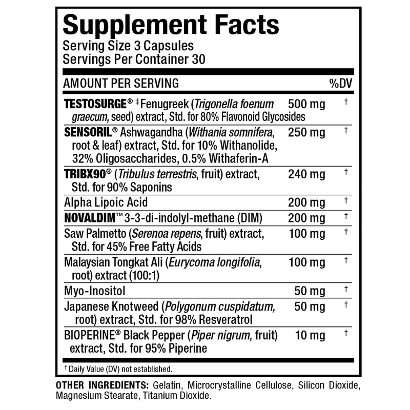 Allmax Nutrition TESTOFX (90 Capsules) to Amplify Testosterone Naturally Supplement Facts of ingredients easy to read.