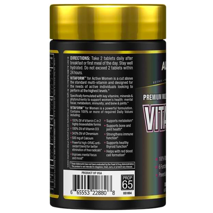 Allmax Nutrition Vitaform for Women (60 tablets) directions on back of bottle. Premium Multi-Vitamin supplement.