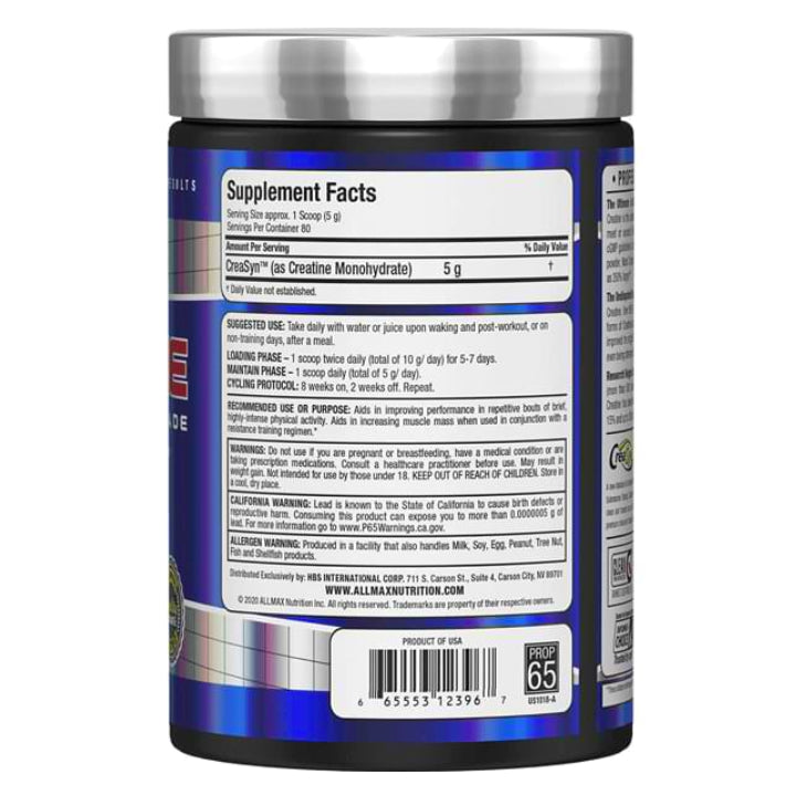 Allmax Nutrition creatine monohydrate pure powder 400 g ingredients on bottle