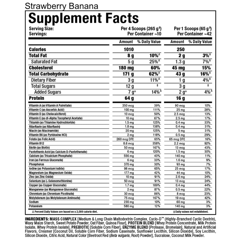 Allmax Nutrition Quickmass (10 lb) Strawberry Banana Supplement Facts of Ingredients. QUICKMASS works by providing a precise 1010 calories per serving (four scoops) with custom engineered nutrient matrices that set the gold-standard in lean mass protein.