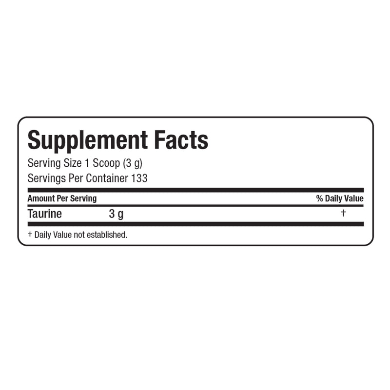Allmax Nutrition Taurine (400 g) Powder supplement facts of ingredients. Helps improve mental focus & energy.