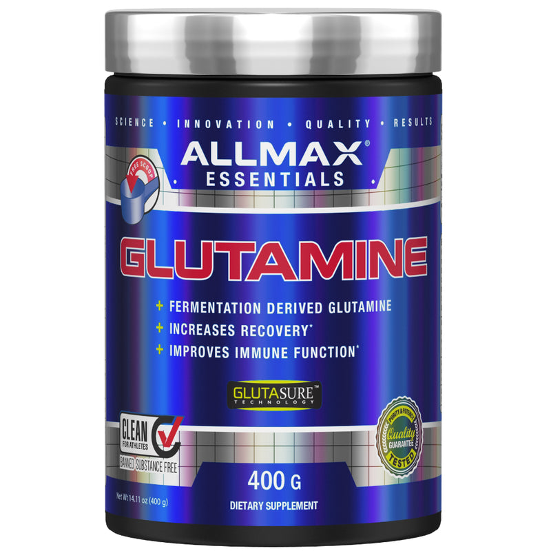 Allmax Nutrition Glutamine Powder 400 g bottle image. L-Glutamine to help with recovery and Immune function.