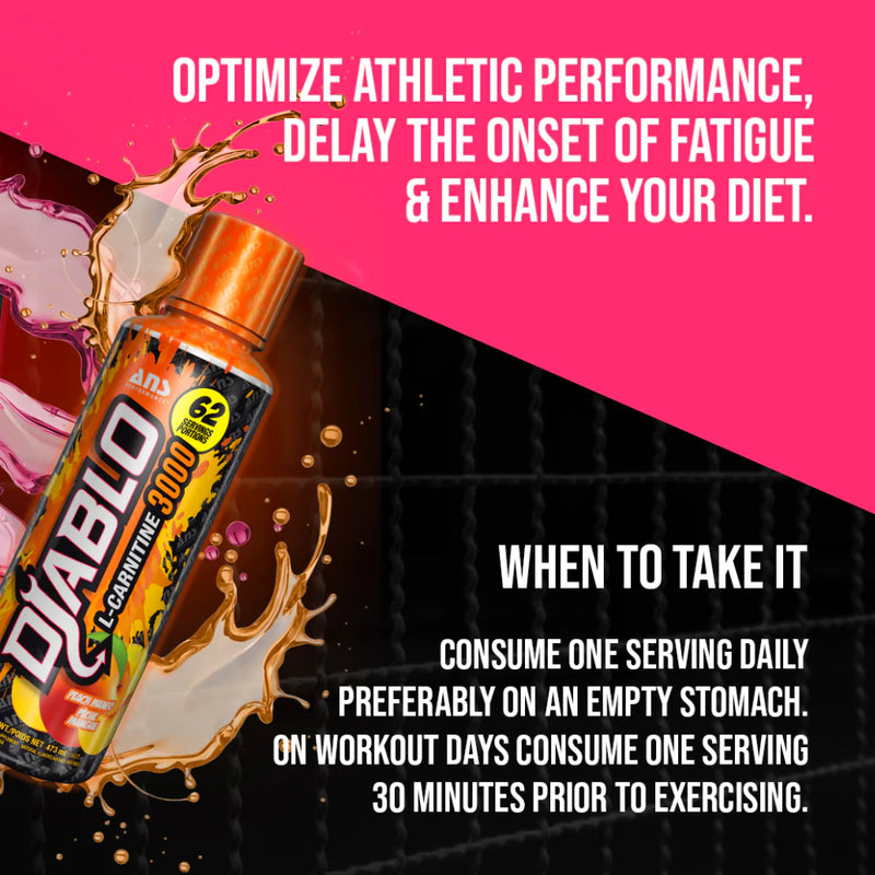 ANS Performance Diablo Liquid L-Carnitine (473 ml) image with instructions on how to take. L-Carnitine is a fantastic supplement to support fat metabolism. It accelerates fat loss by supporting the transport of fatty acids to the muscles’ mitochondria where they can be burned off as energy.