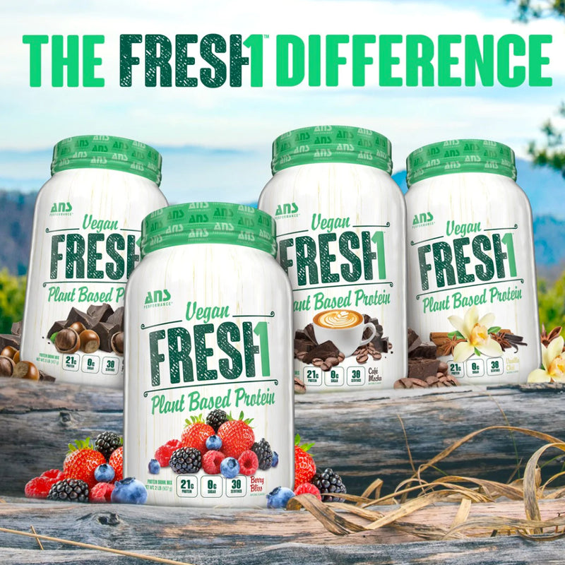 ANS Performance Fresh1 Vegan Protein 2 lbs image with all flavours. Fresh1 Vegan Plant Protein is a delicious blend of 5 different protein sources. 
