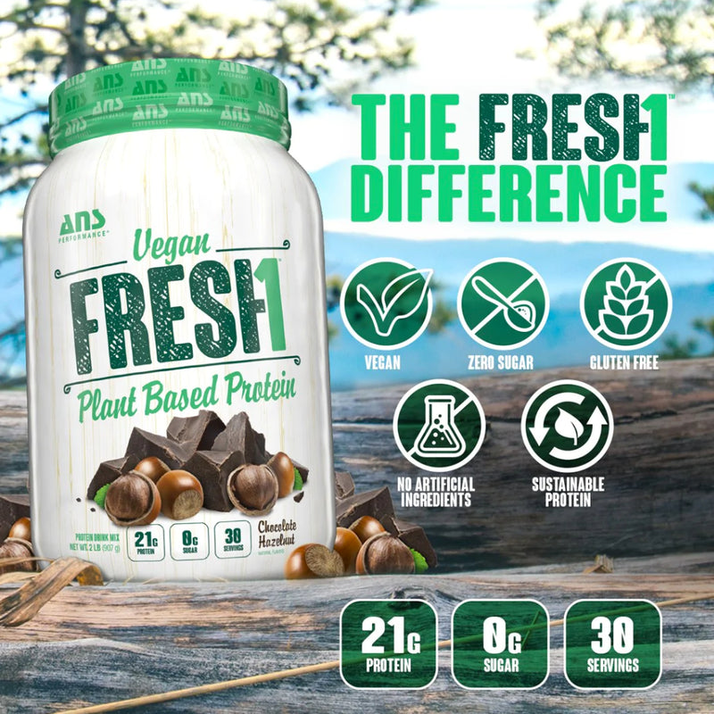 ANS Performance Fresh1 Vegan Protein 2 lbs ad image with bullet points. Fresh1 Vegan Plant Protein is a delicious blend of 5 different protein sources. 
