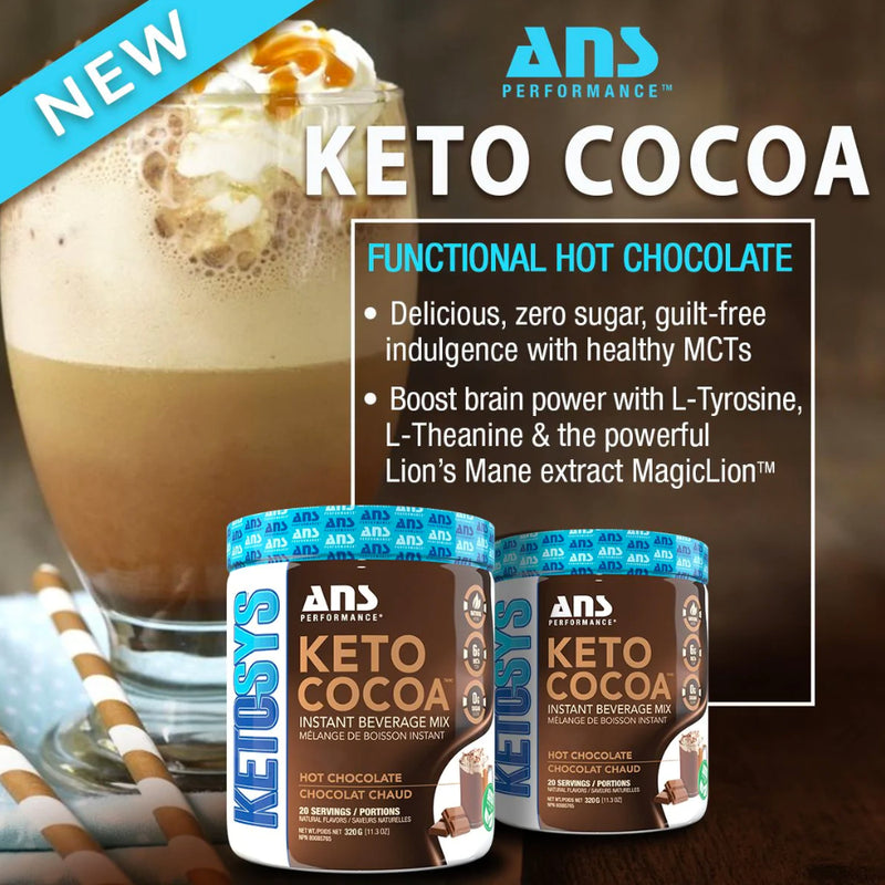 ANS Performance KETO Cocoa (320 g) Hot Chocolate Mix instagram marketing image. Keto cocoa is a delicious, zero sugar hot chocolate beverage mix, designed to satisfy even the biggest chocoholics! keto-friendly and naturally-sweetened.