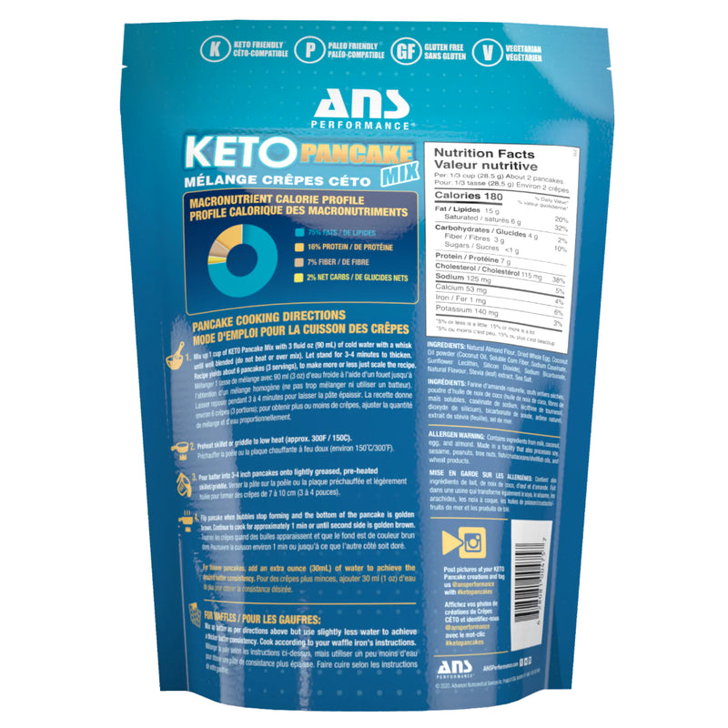 Buy Now! ANS Performance KETO Pancake Mix (283 g) bag with ingredients and directions. Perfectly balanced, all-natural and easy to make KETO PANCAKE MIX makes sticking to a ketogenic lifestyle easy!