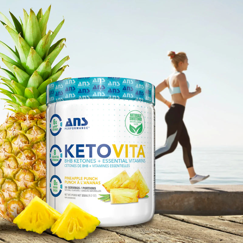 ANS Performance KETOVITA (30 servings) Social image pineapple punch with running girl. Ketones can help support a state of ketosis, where fat is used as the body’s primary source of energy. Ketones can also enhance cognitive function, reduce inflammation and help balance hormones involved with blood sugar and appetite.