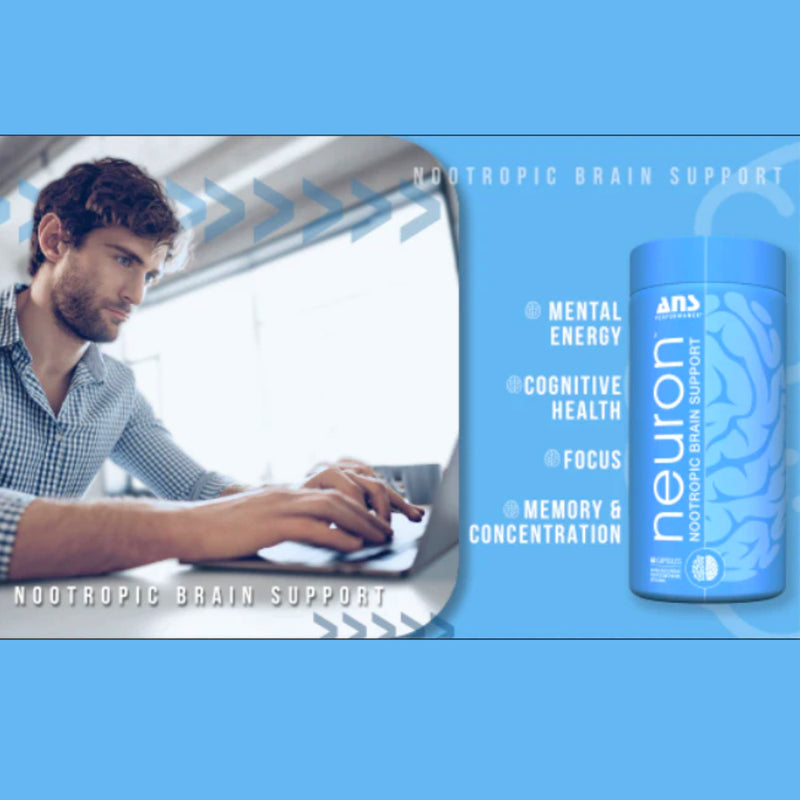 Person using a computer for an ad with ANS Performance NEURON nootropic brain support.