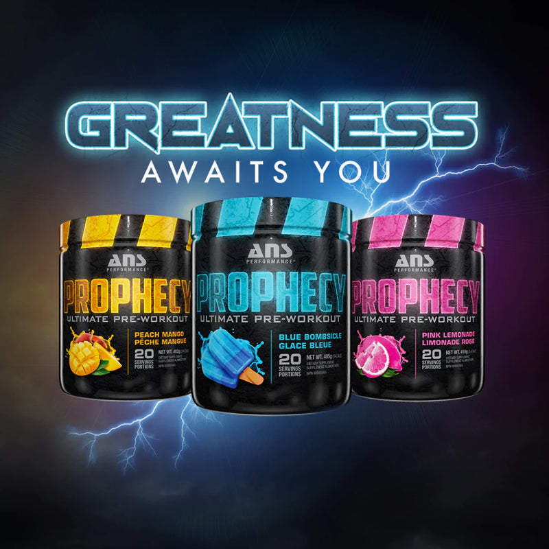 ANS Performance Prophecy (20 servings) Social media image of 3 flavours. PROPHECY™ is the ultimate pre-workout providing limitless energy, endless endurance, prophetic muscle pumps, raw power and visionary focus. 