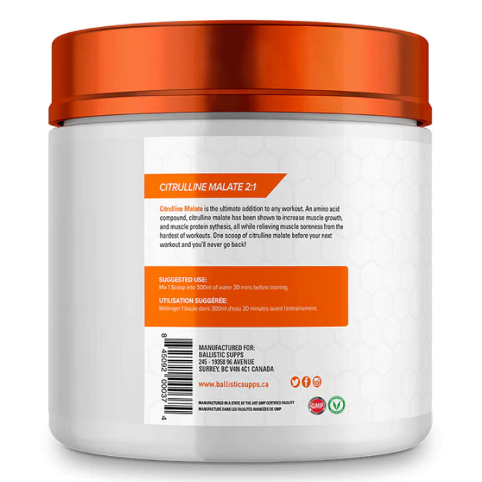 Ballistic Labs Citrulline Malate Powder (300 g) bottle image with directions. Supplementing with citrulline malate increases the synthesis of nitric oxide (NO) in the blood, which dilates blood vessels, increases blood flow, regulates glucose uptake and optimizes mitochondria function. 