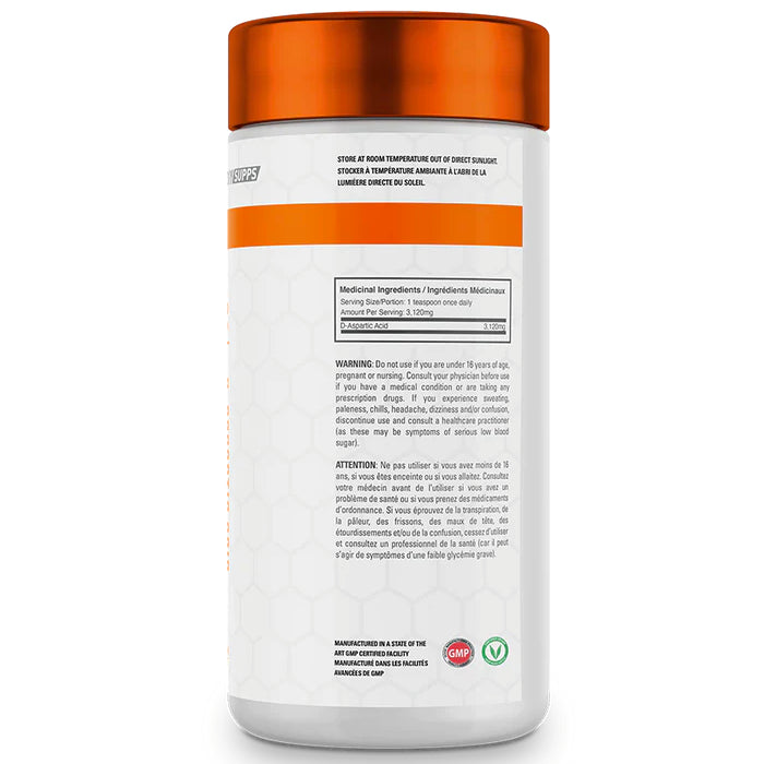 Ballistic Supps DAA Powder (130 g) D-Aspartic Acid supplement facts on bottle image. D-Aspartic Acid supplementation increases natural testosterone production via the release of luteinizing hormone (LH) and follicle stimulating hormone (FSH).
