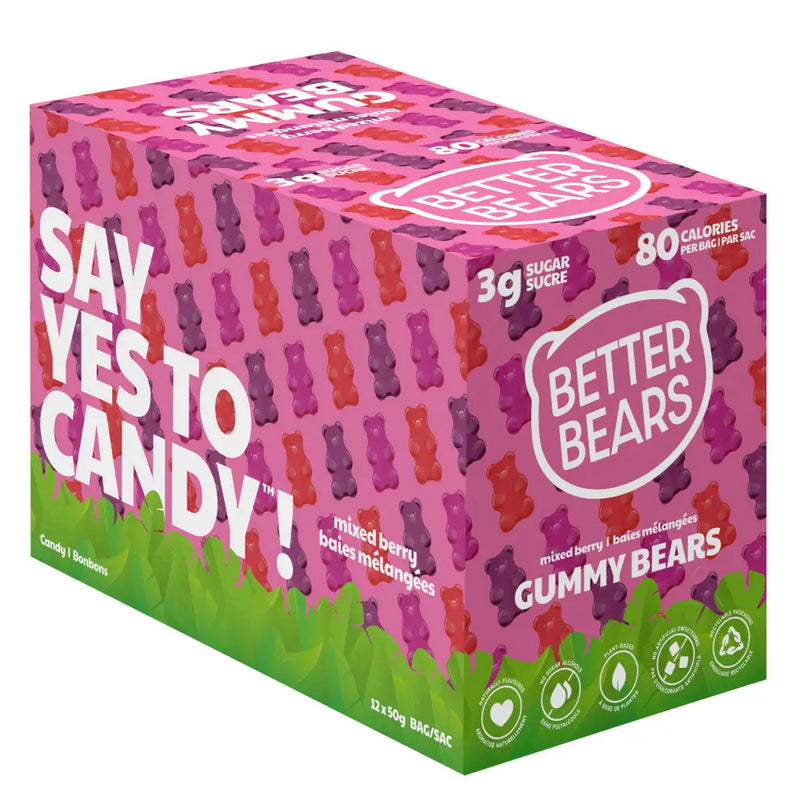 Buy Now! Better Bears (box 12 bags) Mixed Berry Bears. With only 3g of sugar and 80 calories per bag, Better Bears’ gummies are the perfect carefree candy to help curb cravings!