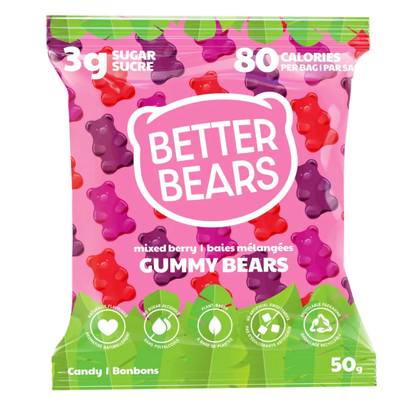 Buy Now! Better Bears (Single Bag) Mixed Berry Bears. With only 3g of sugar and 80 calories per bag, Better Bears’ gummies are the perfect carefree candy to help curb cravings!