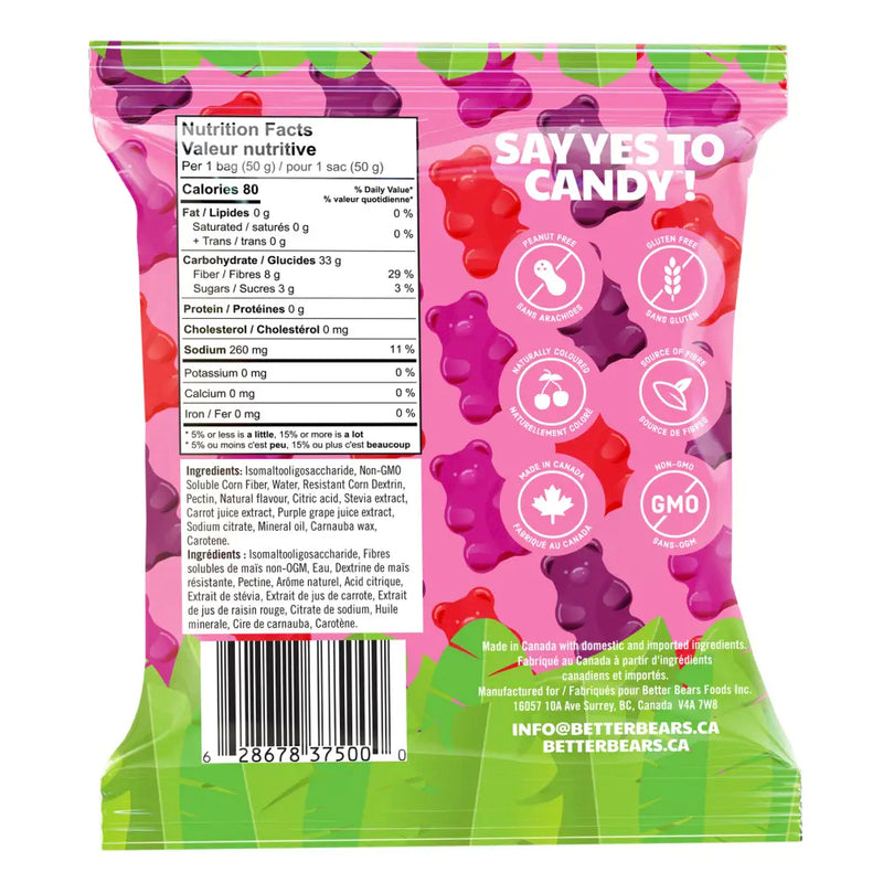 Better Bears (Single Bag) Mixed Berry Bears bag with ingredients. With only 3g of sugar and 80 calories per bag, Better Bears’ gummies are the perfect carefree candy to help curb cravings!