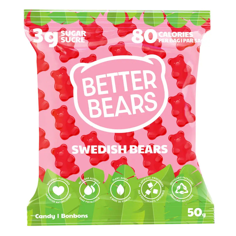 Buy Now! Better Bears (Single Bag) Swedish Berry Bears. With only 3g of sugar and 80 calories per bag, Better Bears’ gummies are the perfect carefree candy to help curb cravings!