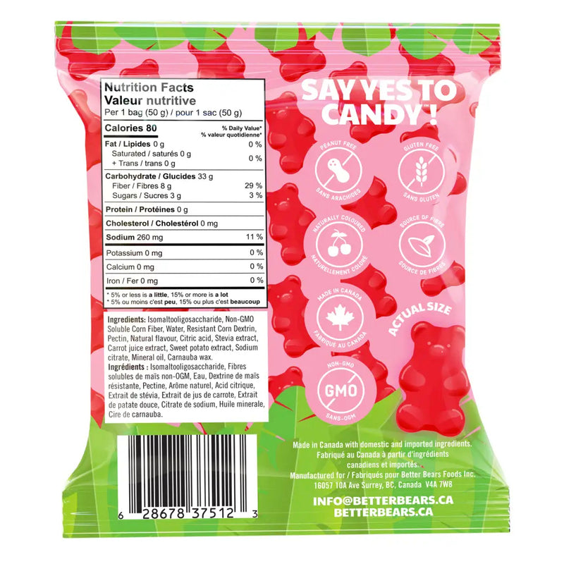 Better Bears (box 12 bags) Swedish Berry Bears bag with ingredients. With only 3g of sugar and 80 calories per bag, Better Bears’ gummies are the perfect carefree candy to help curb cravings!