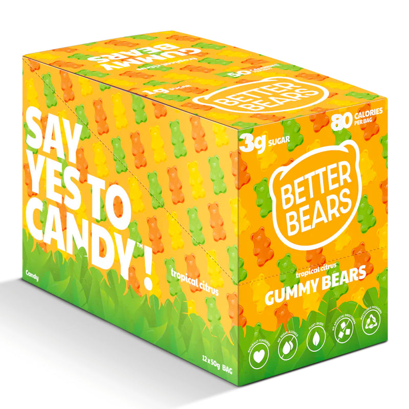 Buy Now! Better Bears (box 12 bags) Tropical Citrus Bears. With only 3g of sugar and 80 calories per bag, Better Bears’ gummies are the perfect carefree candy to help curb cravings!