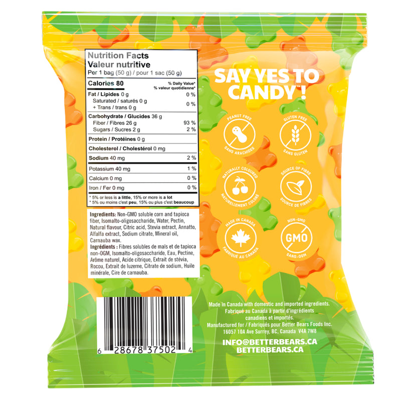 Better Bears (Single Bag) Tropical Citrus Bears bag with ingredients. With only 3g of sugar and 80 calories per bag, Better Bears’ gummies are the perfect carefree candy to help curb cravings!
