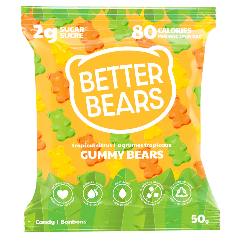 Buy Now! Better Bears (Single Bag) Tropical Citrus Bears. With only 3g of sugar and 80 calories per bag, Better Bears’ gummies are the perfect carefree candy to help curb cravings!
