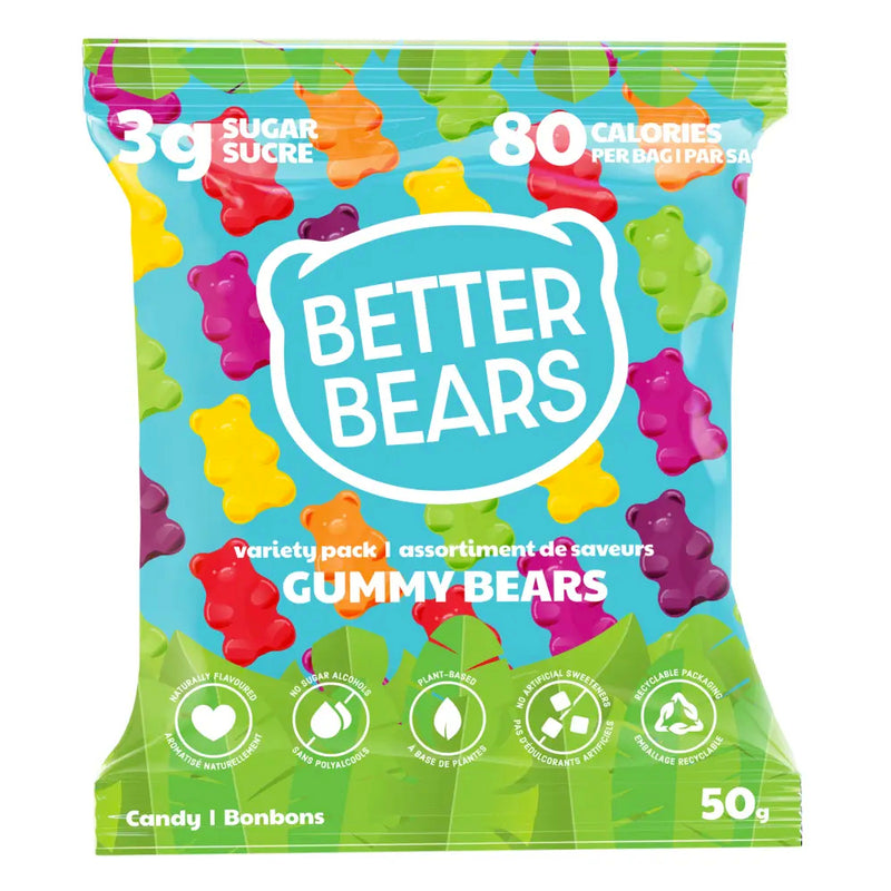 Buy Now! Better Bears (Single Bag) Variety Berry Bears. With only 3g of sugar and 80 calories per bag, Better Bears’ gummies are the perfect carefree candy to help curb cravings!