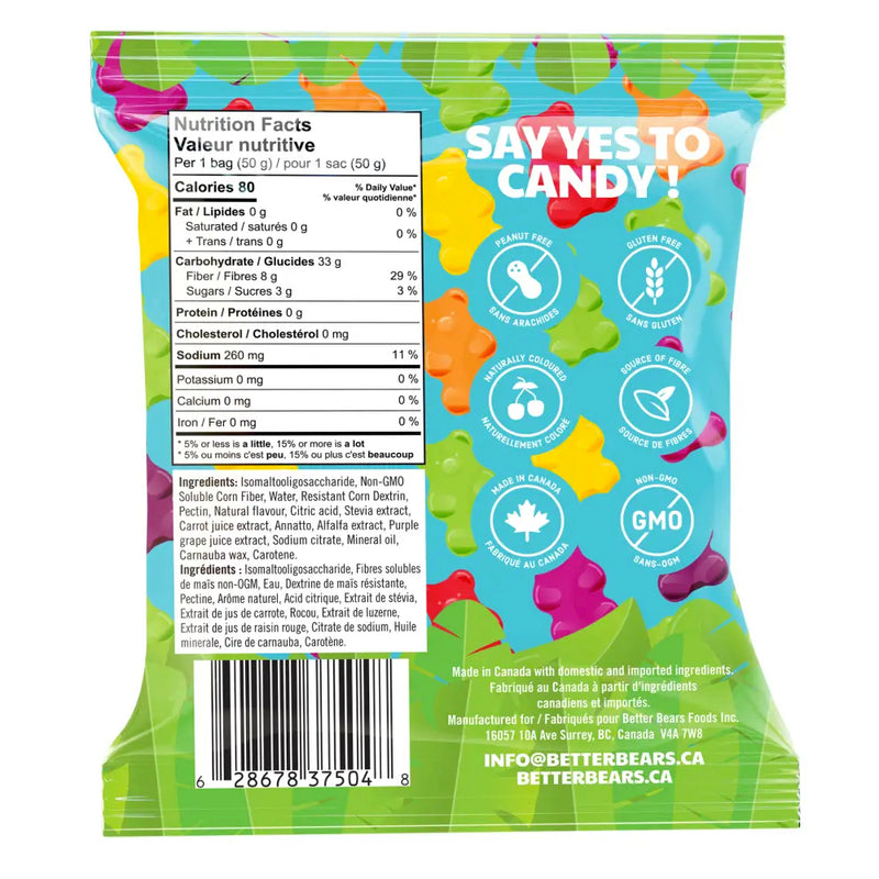 Better Bears (Single Bag) Variety Berry Bears bag with ingredients. With only 3g of sugar and 80 calories per bag, Better Bears’ gummies are the perfect carefree candy to help curb cravings!