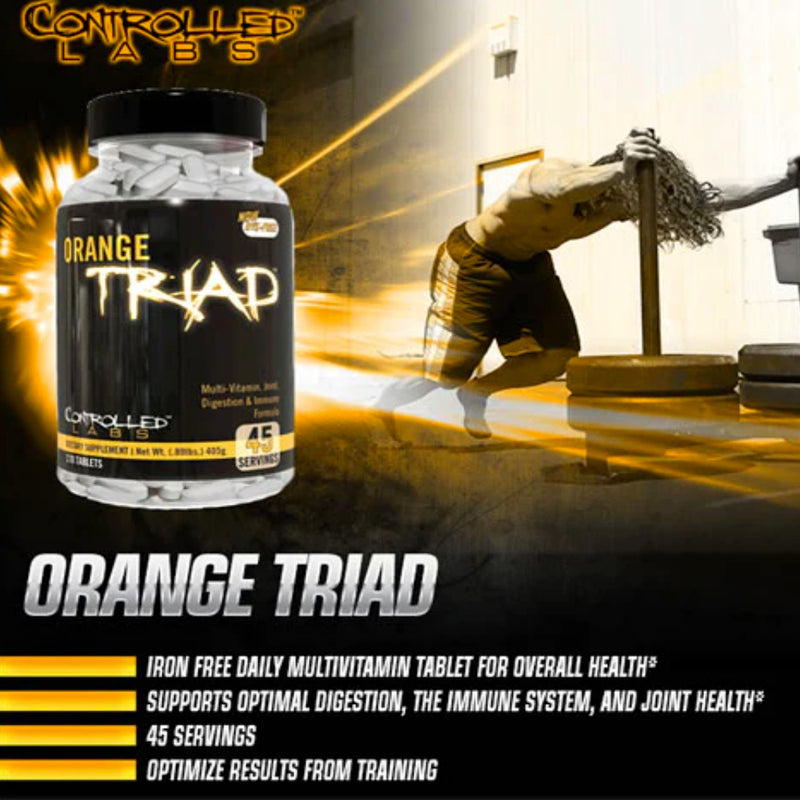 Controlled Labs Orange Triad Multivitamin (180 tabs) social marketing ad. ORANGE TRIAD combines the most proven and effective vitamins, minerals, and nutrients for supporting optimal DIGESTION, IMMUNE system, and JOINT HEALTH into one "twice daily" dietary supplement.