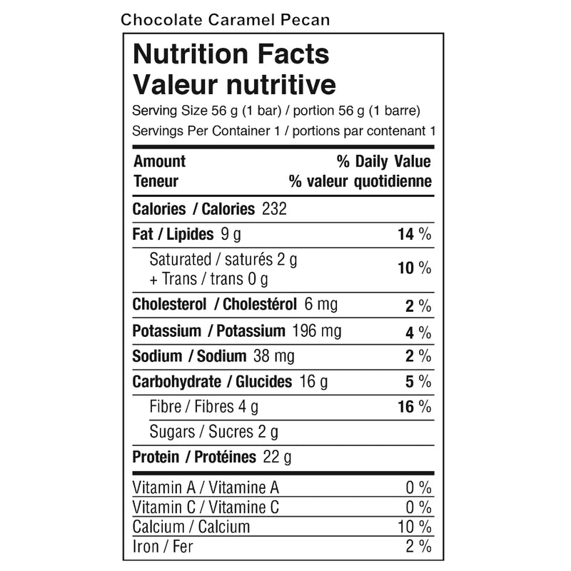 Daryl's Performance Protein Bars (box) supplement facts of ingredients. With 22g of high-quality whey protein and only 1g of sugar, our Chocolate Caramel Pecan protein bars deliver the goods, along with the elegantly sweet taste of pecan dipped in caramel and coated in creamy milk chocolate.
