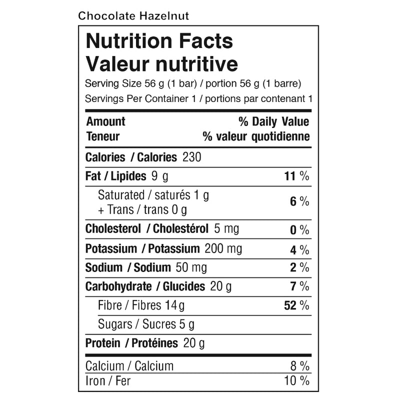 Daryl's Performance Chocolate Hazelnut Protein bars (box) supplement facts of ingredients. With 20g of high-quality whey protein and only 5g of sugar, our Chocolate Hazelnut protein bars deliver the goods, along with a rich and naturally sweet flavour that truly satisfies.