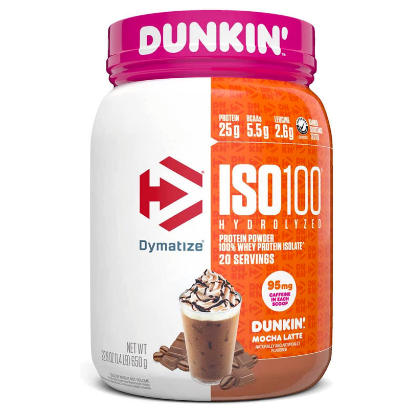Buy Now! Dymatize ISO100 (20 servings) Dunkin' Mocha Latte. Highest-quality protein powders in the game, it’s filtered to remove excess lactose, carbs, fat, and sugar for maximum purity, mixability and gains. Don’t just beat your best.