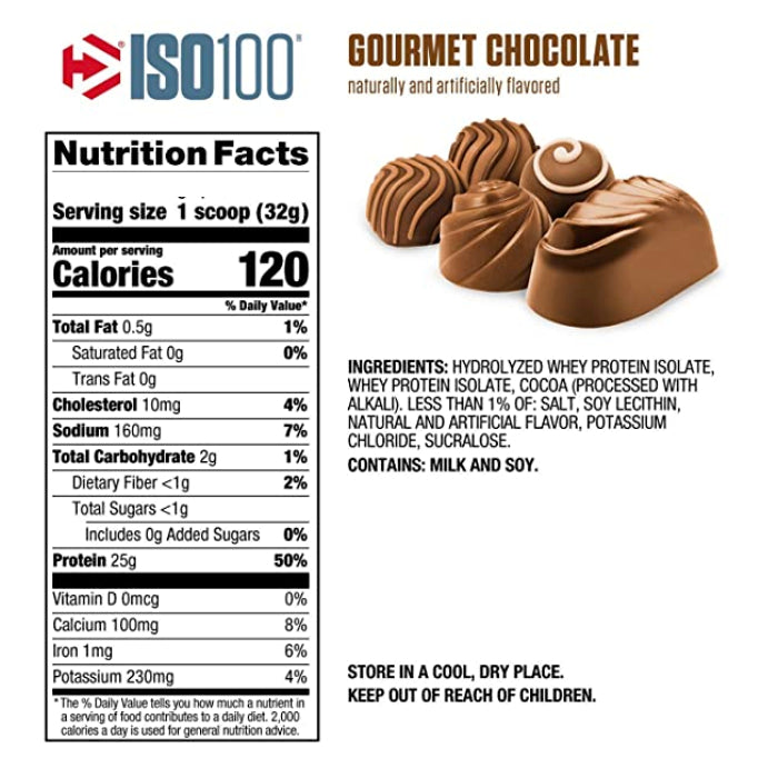 Dymatize ISO100 (20 servings) Gourmet Chocolate supplement facts of ingredients. Highest-quality protein powders in the game, it’s filtered to remove excess lactose, carbs, fat, and sugar for maximum purity, mixability and gains. Don’t just beat your best.