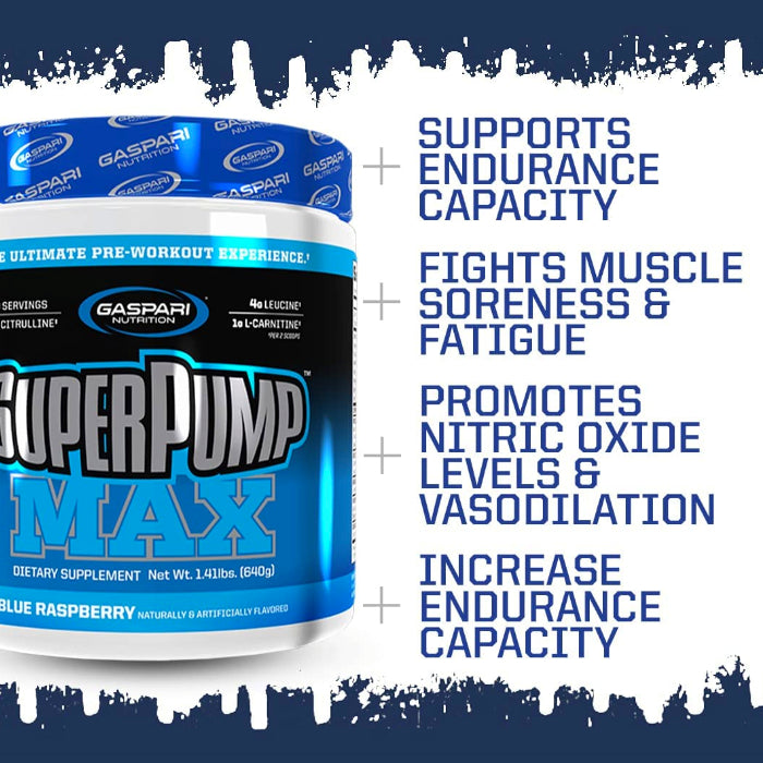 Gaspari Nutrition SuperPump Max (40 servings) marketing ad bullet points. Super Pump Increases Endurance Capacity, Fights Muscle Soreness and Fatigue, Enhances Nitric Oxide Levels and Vasodilation.