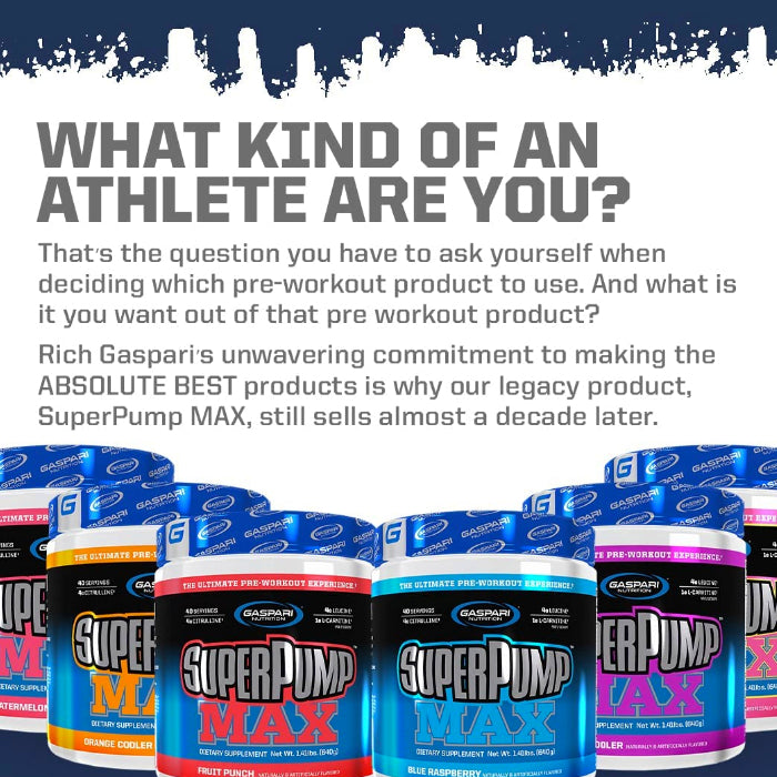 Gaspari Nutrition SuperPump Max (40 servings) Marketing ad with all flavours. Super Pump Increases Endurance Capacity, Fights Muscle Soreness and Fatigue, Enhances Nitric Oxide Levels and Vasodilation.