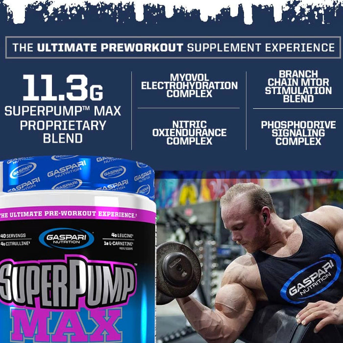 Gaspari Nutrition SuperPump Max (40 servings) Marketing ad with bodybuilder doing arm curls. Super Pump Increases Endurance Capacity, Fights Muscle Soreness and Fatigue, Enhances Nitric Oxide Levels and Vasodilation.