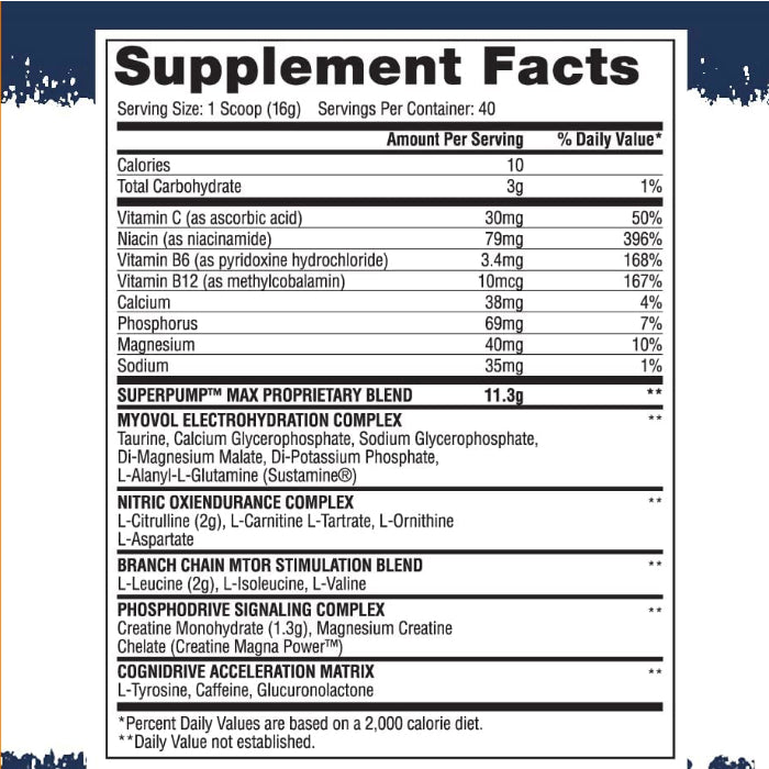 Gaspari Nutrition SuperPump Max (40 servings) Supplement Facts of ingredients. Super Pump Increases Endurance Capacity, Fights Muscle Soreness and Fatigue, Enhances Nitric Oxide Levels and Vasodilation.