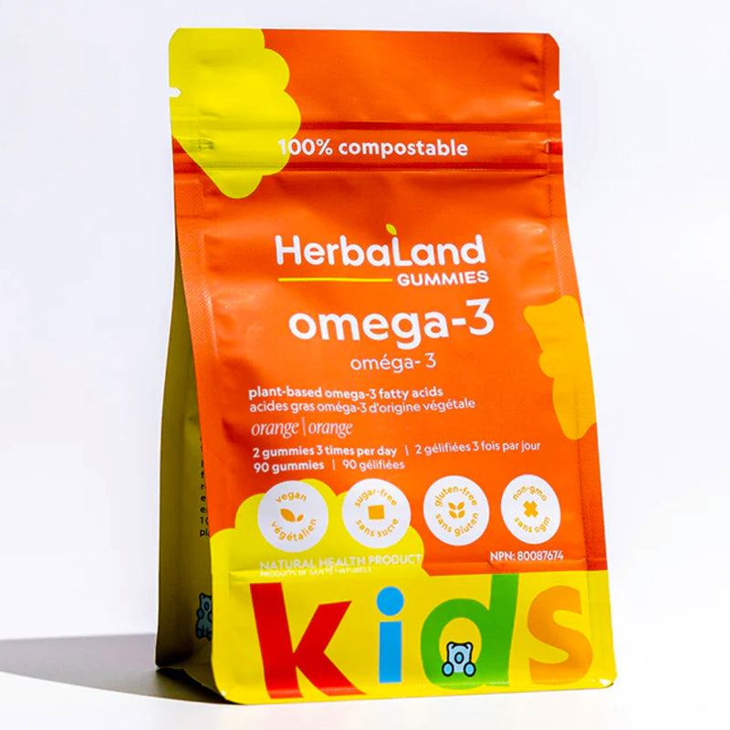 Buy Now! Herbaland Omega-3 Kids Gummies (90 gummies). Sourced from flaxseed oil, these orange flavored sugar-free gummies are an excellent source of ALA, known for playing an essential role in keeping the body active and healthy.