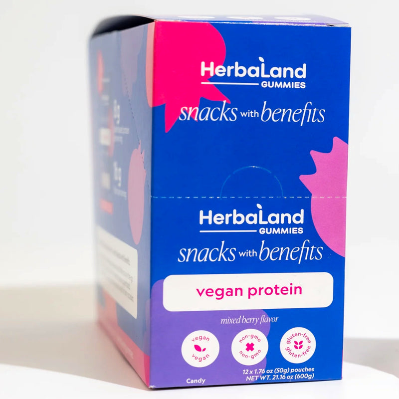 Buy Now! Herbaland Protein Gummies (Box 12 Packs) Mixed Berry. Herbaland Vegan Protein Gummies ! These are nutritional gummy supplements that contain a plant based protein, Protein blend (pea protein, brown rice protein, chickpea powder, lentil protein).