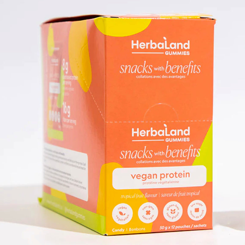 Buy Now! Herbaland Protein Gummies (Box 12 Packs) Tropical Fruit. Herbaland Vegan Protein Gummies ! These are nutritional gummy supplements that contain a plant based protein, Protein blend (pea protein, brown rice protein, chickpea powder, lentil protein).