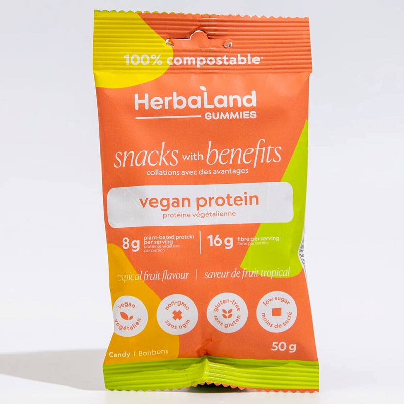 Buy Now! Herbaland Protein Gummies (50 g) Tropical Fruit. Herbaland Vegan Protein Gummies ! These are nutritional gummy supplements that contain a plant based protein, Protein blend (pea protein, brown rice protein, chickpea powder, lentil protein).
