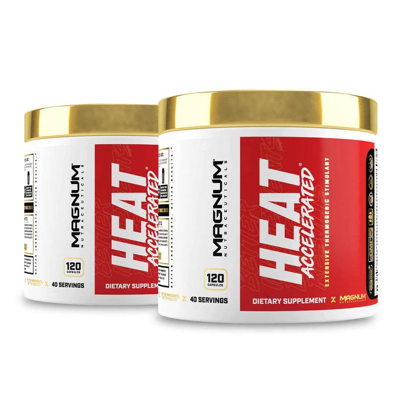 Two bottles of Magnum Heat Accelerated dietary supplement, each with a red and white label and gold-colored lid.