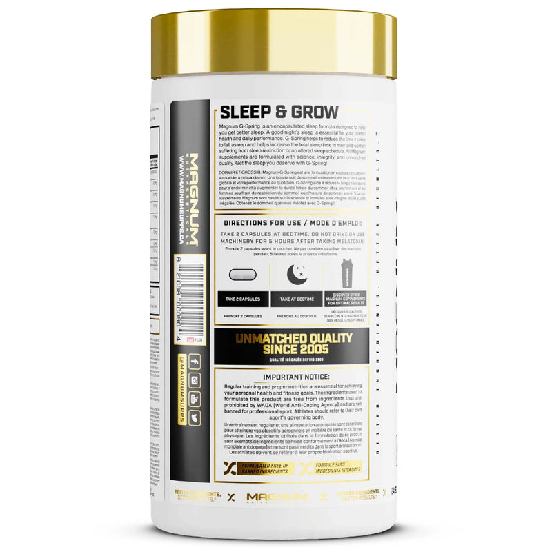 Magnum Nutraceuticals G-Spring (48 caps) directions on bottle. Helps increase total sleep time, reduce the time it takes to fall asleep, and re-set the body's sleep-wake cycle.