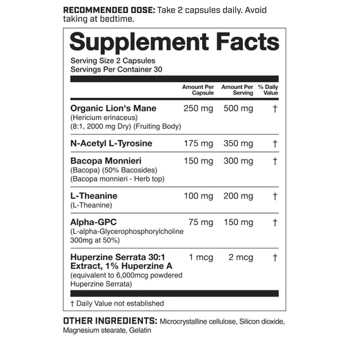 Magnum Nutraceuticals Mane Brain (60 caps) supplement facts of ingredients. Magnum Mane Brain can help strengthen the mind-muscle connection at the gym and accelerate the speed at which you can retain new information. Get the mental clarity you deserve with Mane Brain!