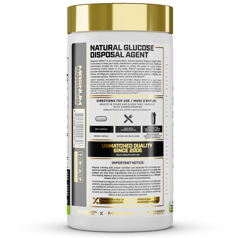 Magnum Nutraceuticals MIMIC (60 caps) back of bottle image. Magnum MIMIC® harnesses the power of insulin mimicking to increase one’s insulin sensitivity, without increasing insulin levels in your body.