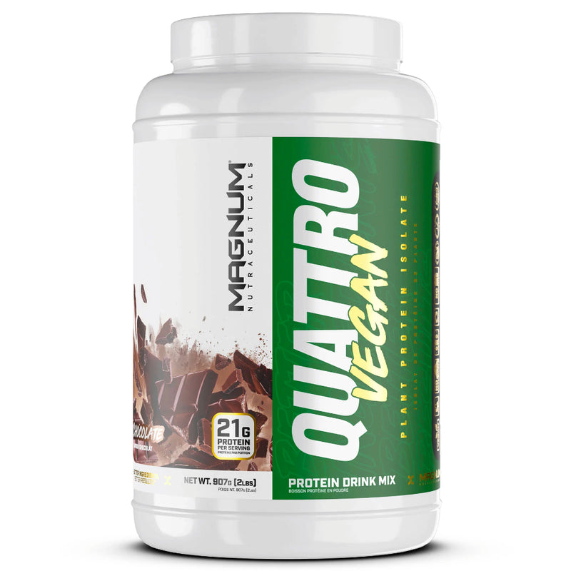 Buy Now! Magnum Nutraceuticals Quattro VEGAN (2lbs) Chocolate. Staying true to the Quattro legacy, our all-new Vegan Protein Isolate blend is comprised of 4 incredible plant-based protein sources; pea protein isolate, brown rice protein, pumpkin protein, and quinoa powder protein. 