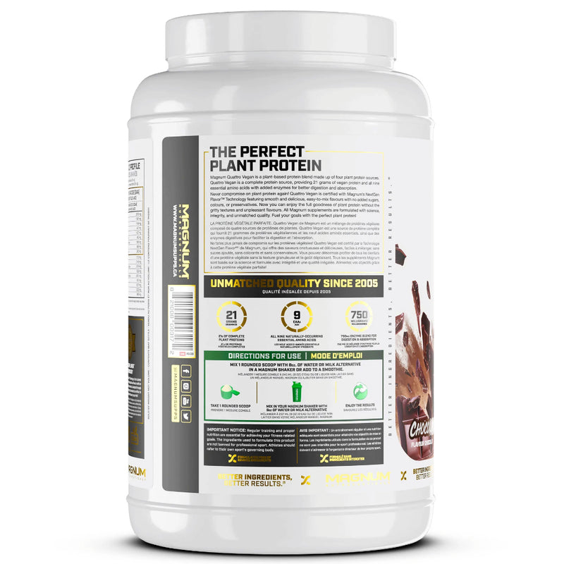Magnum Nutraceuticals Quattro VEGAN (2 lbs) Chocolate Direction of use. Staying true to the Quattro legacy, our all-new Vegan Protein Isolate blend is comprised of 4 incredible plant-based protein sources; pea protein isolate, brown rice protein, pumpkin protein, and quinoa powder protein. 