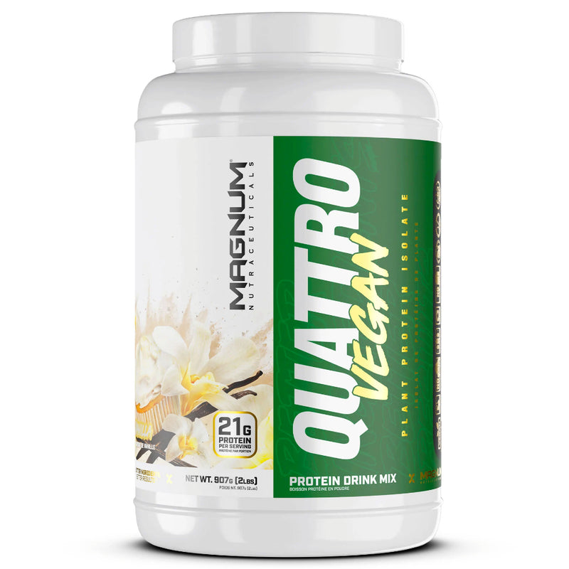 Buy Now! Magnum Nutraceuticals Quattro VEGAN (2 lbs) Vanilla bottle image. Staying true to the Quattro legacy, our all-new Vegan Protein Isolate blend is comprised of 4 incredible plant-based protein sources; pea protein isolate, brown rice protein, pumpkin protein, and quinoa powder protein. 
